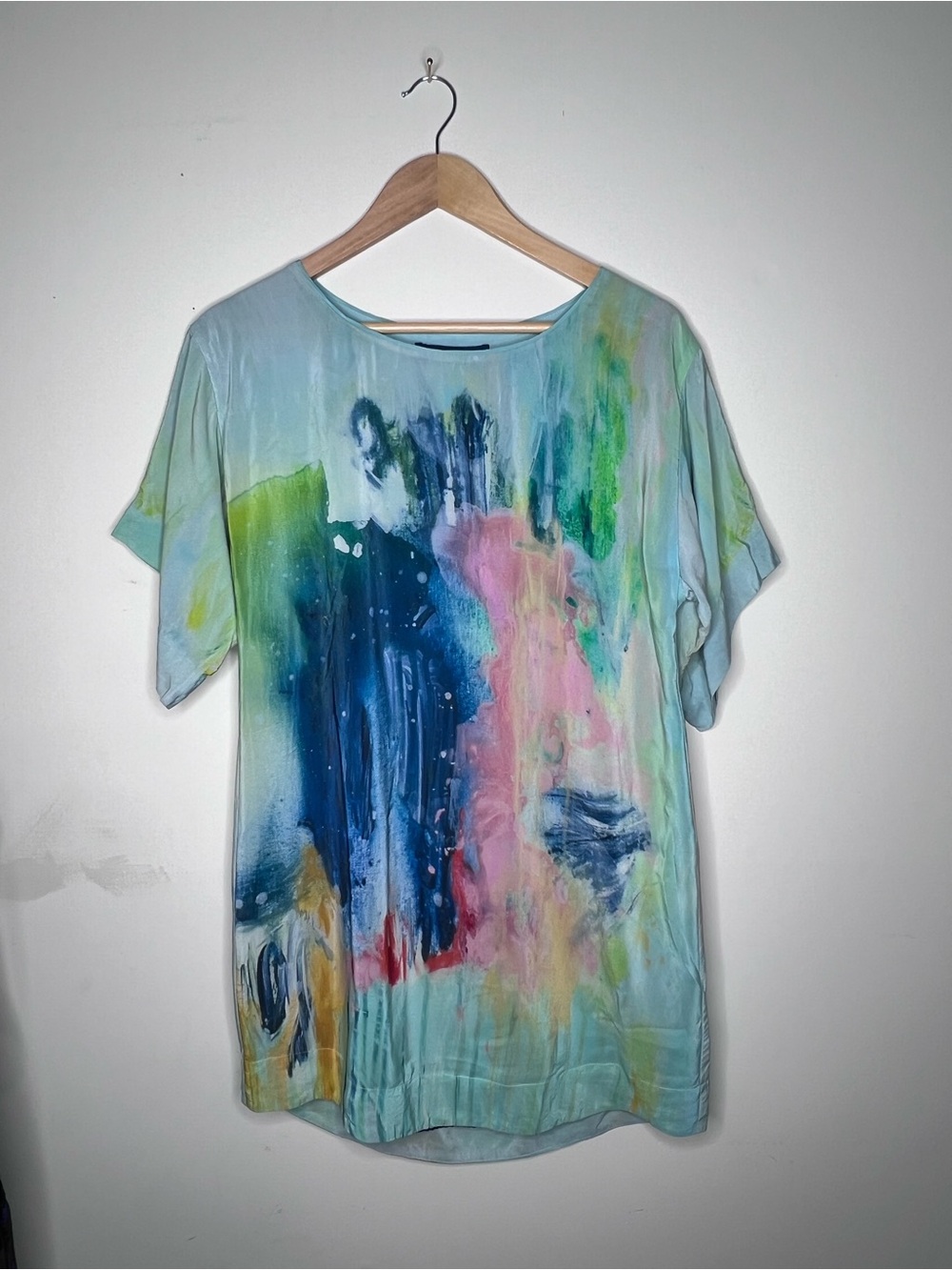 Maeve Multicolor Abstract Watercolor Short Sleeve Top - Blue, Pink, Green, Cream